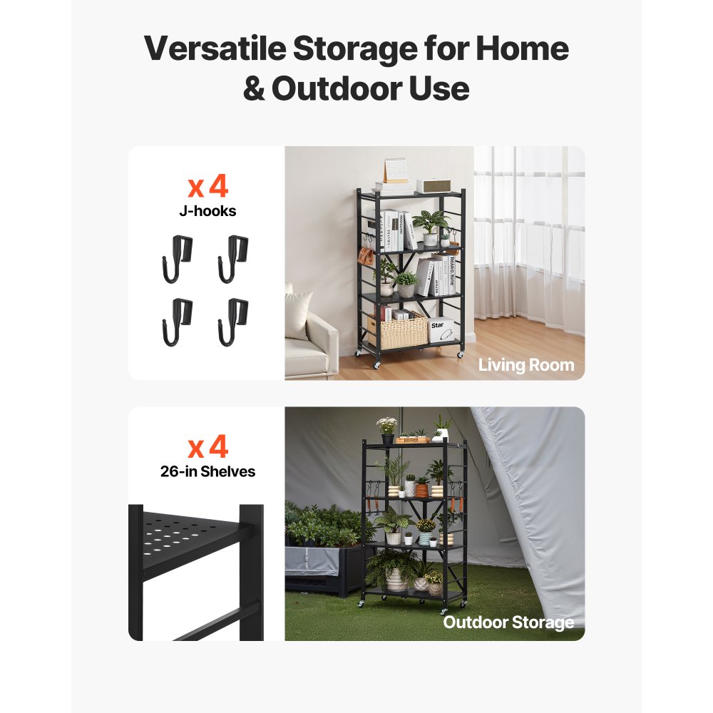 VEVOR 4-Tier Foldable Storage Shelf, 26W x 13D x 46H Inch Folding Metal Rack Shelving Unit, No Assembly Organizer Shelf with 5 Wheels & 4 Hooks for Pantry, Kitchen, Garage, Basement, Black