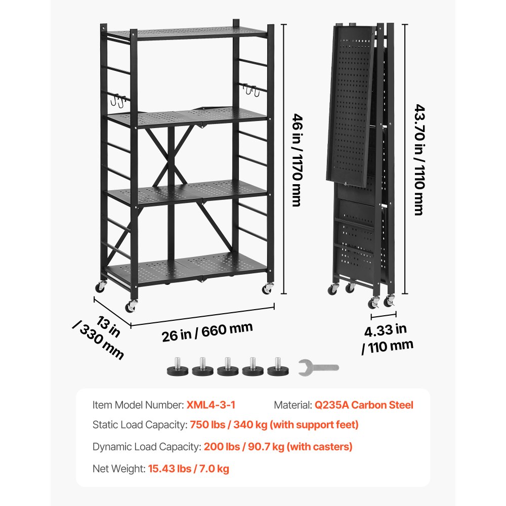 VEVOR 4-Tier Foldable Storage Shelf, 26W x 13D x 46H Inch Folding Metal Rack Shelving Unit, No Assembly Organizer Shelf with 5 Wheels & 4 Hooks for Pantry, Kitchen, Garage, Basement, Black