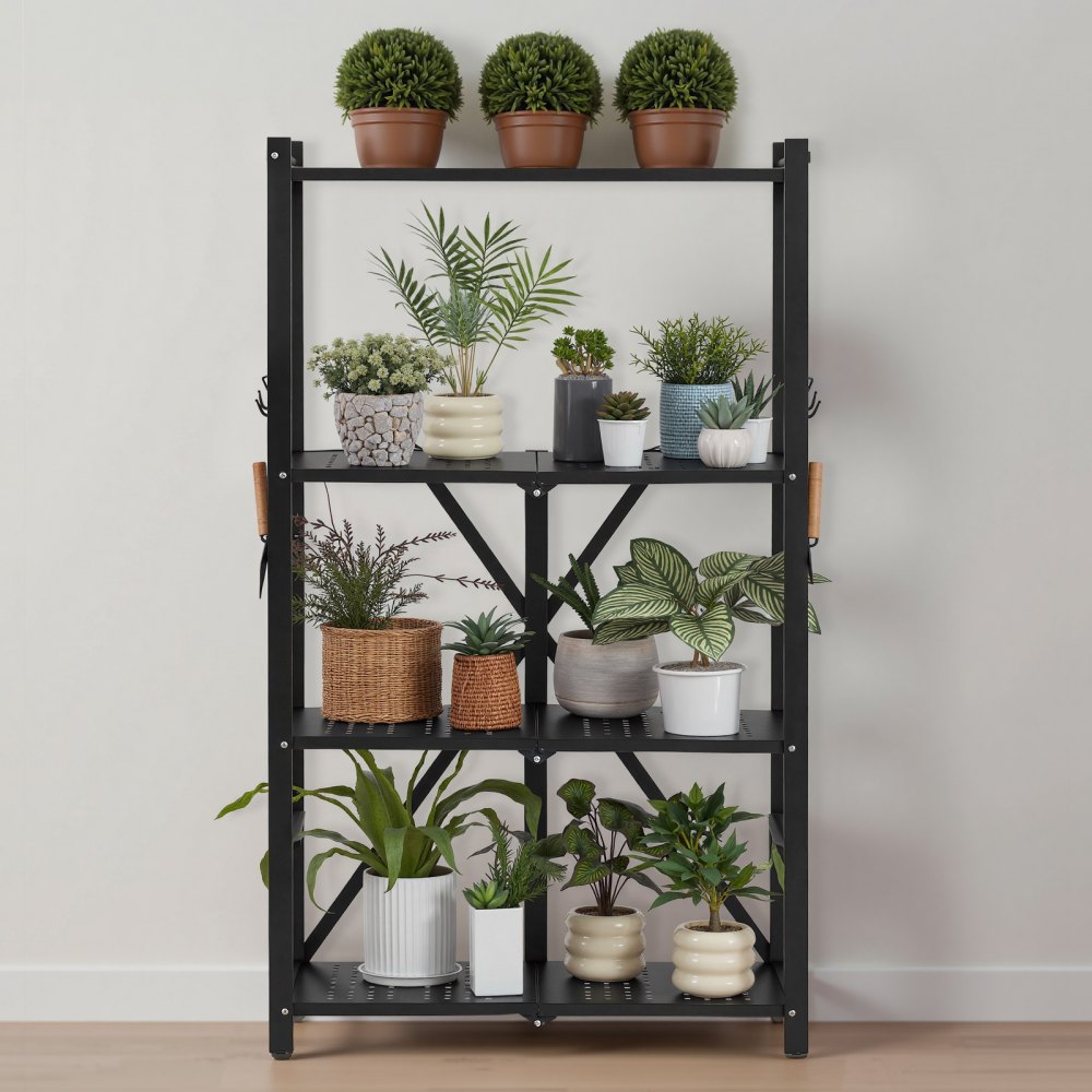 VEVOR 4-Tier Foldable Storage Shelf, 26W x 13D x 46H Inch Folding Metal Rack Shelving Unit, No Assembly Organizer Shelf with 5 Wheels & 4 Hooks for Pantry, Kitchen, Garage, Basement, Black