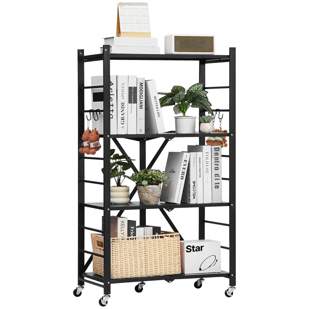 VEVOR 4-Tier Foldable Storage Shelf, 26W x 13D x 46H Inch Folding Metal Rack Shelving Unit, No Assembly Organizer Shelf with 5 Wheels & 4 Hooks for Pantry, Kitchen, Garage, Basement, Black