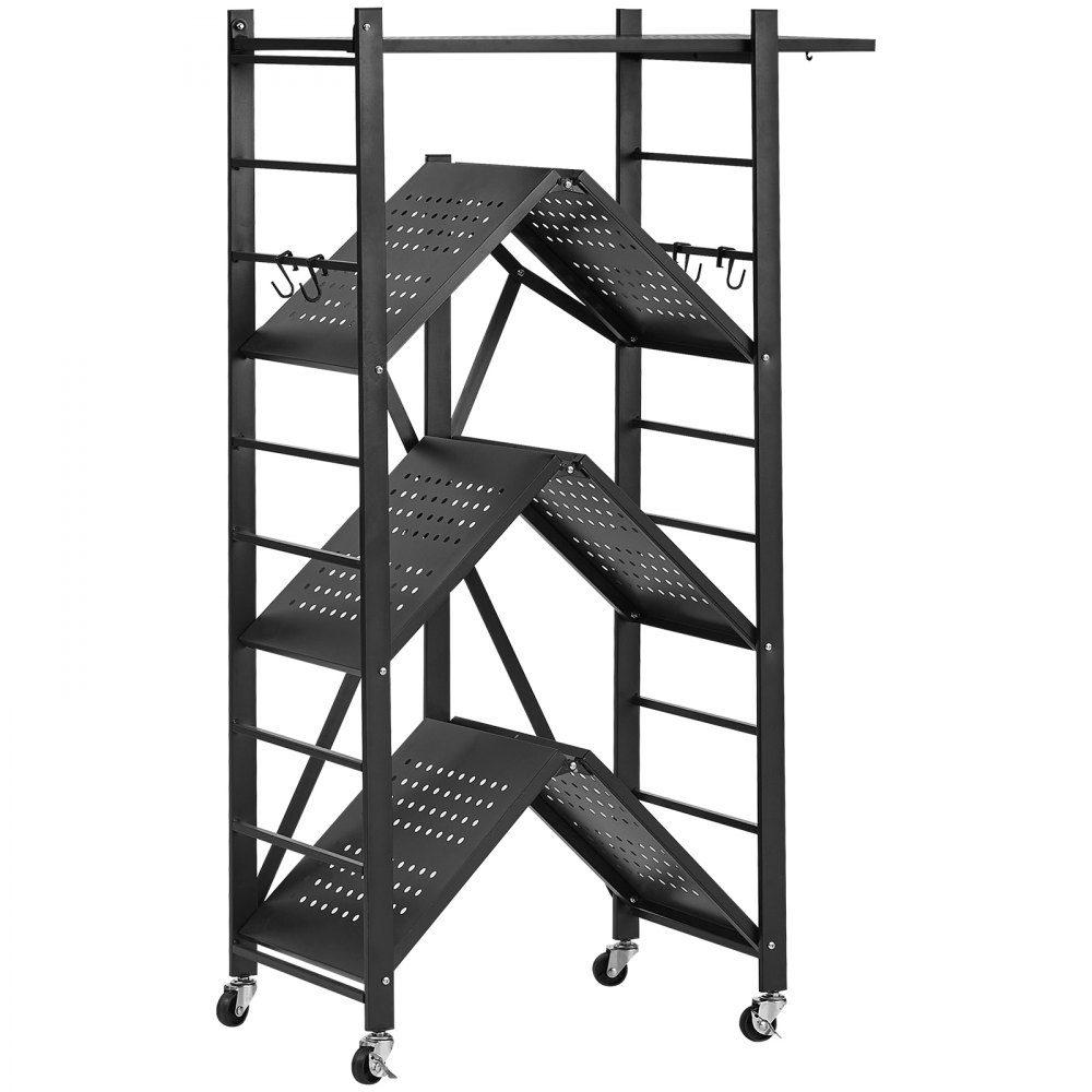VEVOR 4-Tier Foldable Storage Shelf, 26W x 13D x 46H Inch Folding Metal Rack Shelving Unit, No Assembly Organizer Shelf with 5 Wheels & 4 Hooks for Pantry, Kitchen, Garage, Basement, Black