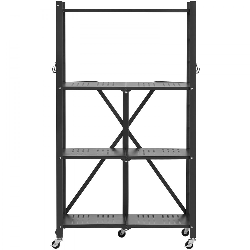 VEVOR 4-Tier Foldable Storage Shelf, 26W x 13D x 46H Inch Folding Metal Rack Shelving Unit, No Assembly Organizer Shelf with 5 Wheels & 4 Hooks for Pantry, Kitchen, Garage, Basement, Black