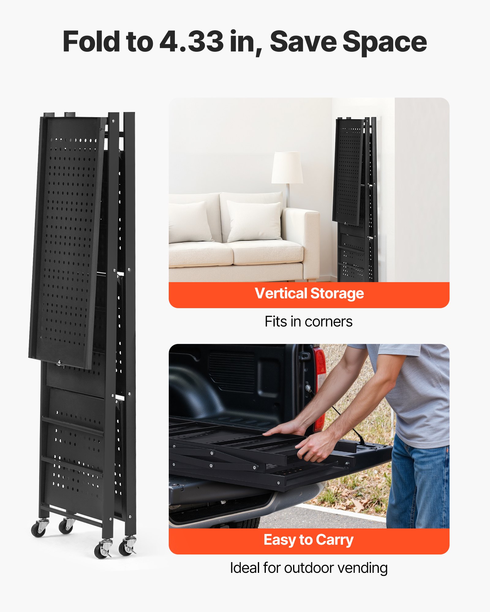 VEVOR 4-Tier Foldable Storage Shelf, 26W x 13D x 46H Inch Folding Metal Rack Shelving Unit, No Assembly Organizer Shelf with 5 Wheels & 4 Hooks for Pantry, Kitchen, Garage, Basement, Black