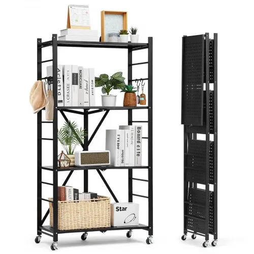 VEVOR 4-Tier Foldable Storage Shelf, 28W x 13D x 54H Inch Folding Metal Rack Shelving Unit, No Assembly Organizer Shelf with 5 Wheels & 4 Hooks for Pantry, Kitchen, Garage, Basement, Black
