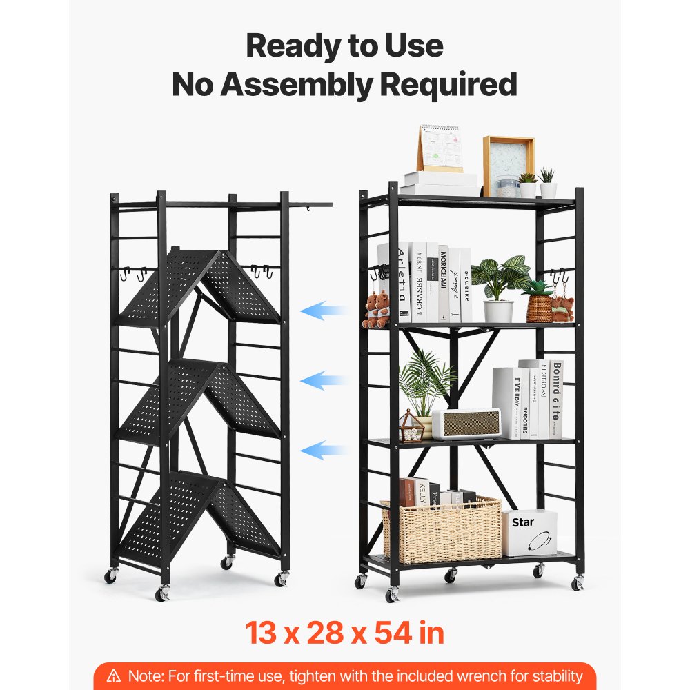 VEVOR 4-Tier Foldable Storage Shelf, 28W x 13D x 54H Inch Folding Metal Rack Shelving Unit, No Assembly Organizer Shelf with 5 Wheels & 4 Hooks for Pantry, Kitchen, Garage, Basement, Black