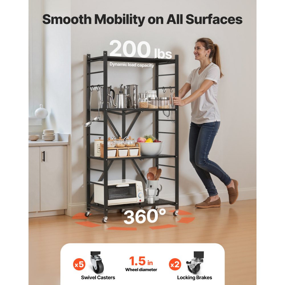 VEVOR 4-Tier Foldable Storage Shelf, 28W x 13D x 54H Inch Folding Metal Rack Shelving Unit, No Assembly Organizer Shelf with 5 Wheels & 4 Hooks for Pantry, Kitchen, Garage, Basement, Black
