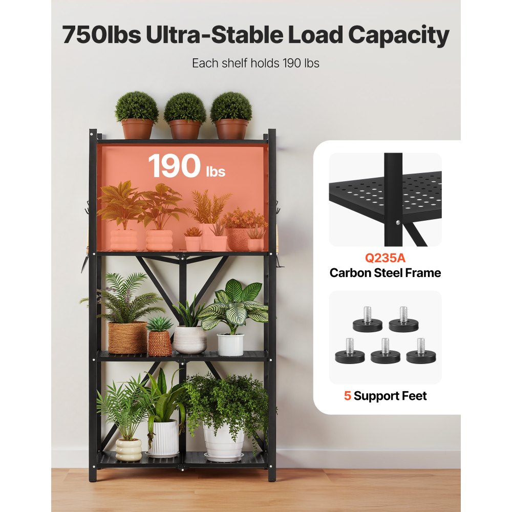 VEVOR 4-Tier Foldable Storage Shelf, 28W x 13D x 54H Inch Folding Metal Rack Shelving Unit, No Assembly Organizer Shelf with 5 Wheels & 4 Hooks for Pantry, Kitchen, Garage, Basement, Black