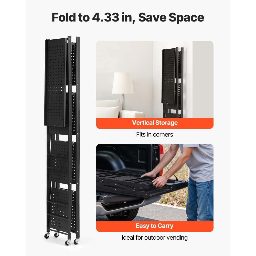 VEVOR 4-Tier Foldable Storage Shelf, 28W x 13D x 54H Inch Folding Metal Rack Shelving Unit, No Assembly Organizer Shelf with 5 Wheels & 4 Hooks for Pantry, Kitchen, Garage, Basement, Black