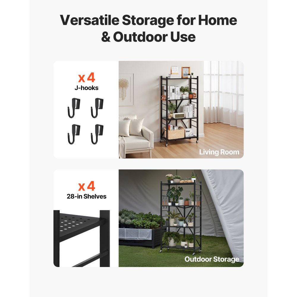 VEVOR 4-Tier Foldable Storage Shelf, 28W x 13D x 54H Inch Folding Metal Rack Shelving Unit, No Assembly Organizer Shelf with 5 Wheels & 4 Hooks for Pantry, Kitchen, Garage, Basement, Black