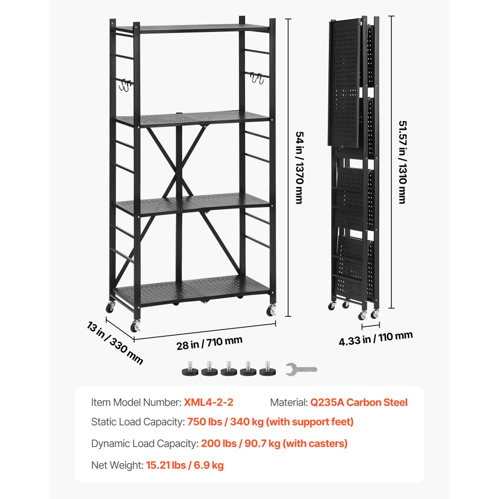 VEVOR 4-Tier Foldable Storage Shelf, 28W x 13D x 54H Inch Folding Metal Rack Shelving Unit, No Assembly Organizer Shelf with 5 Wheels & 4 Hooks for Pantry, Kitchen, Garage, Basement, Black