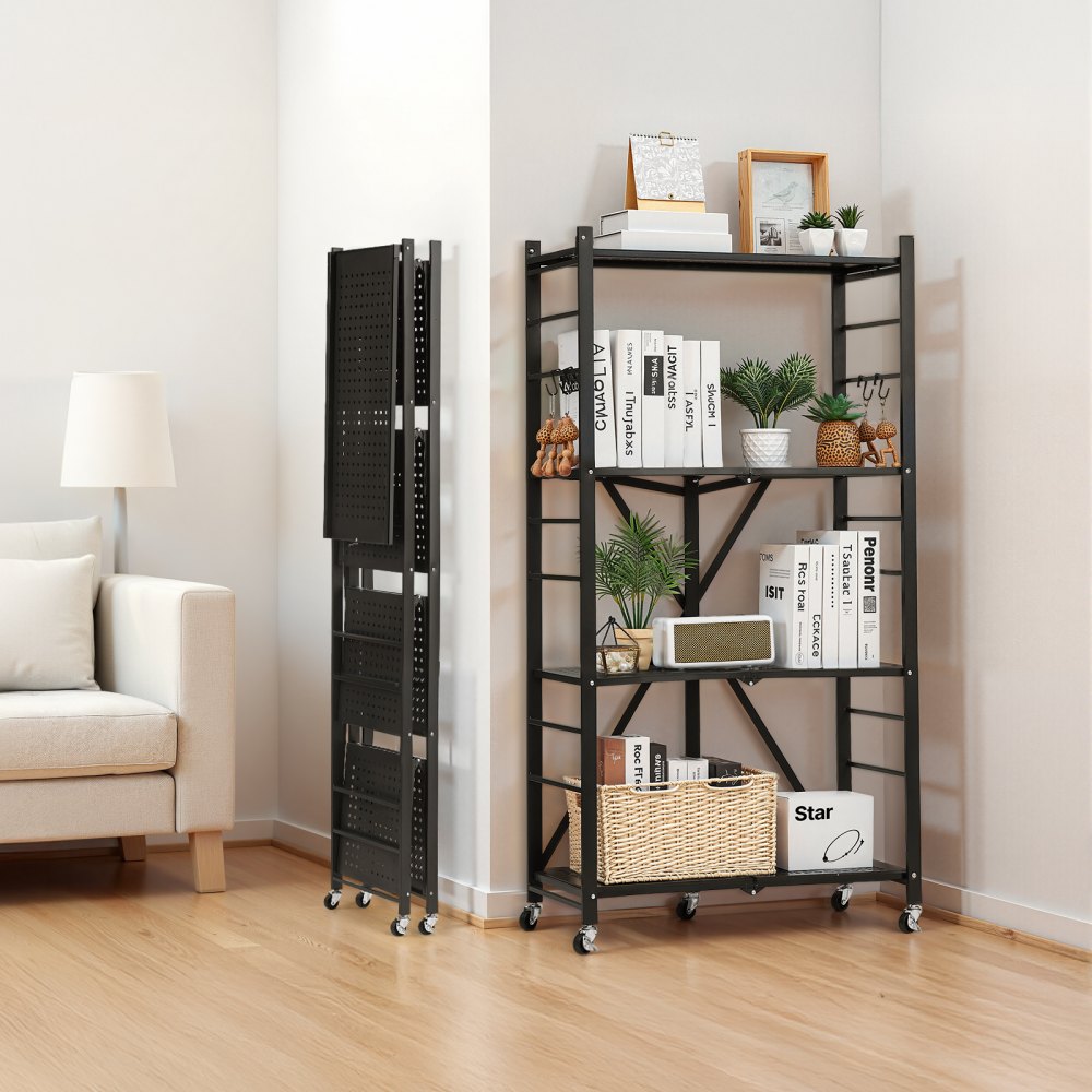 VEVOR 4-Tier Foldable Storage Shelf, 28W x 13D x 54H Inch Folding Metal Rack Shelving Unit, No Assembly Organizer Shelf with 5 Wheels & 4 Hooks for Pantry, Kitchen, Garage, Basement, Black