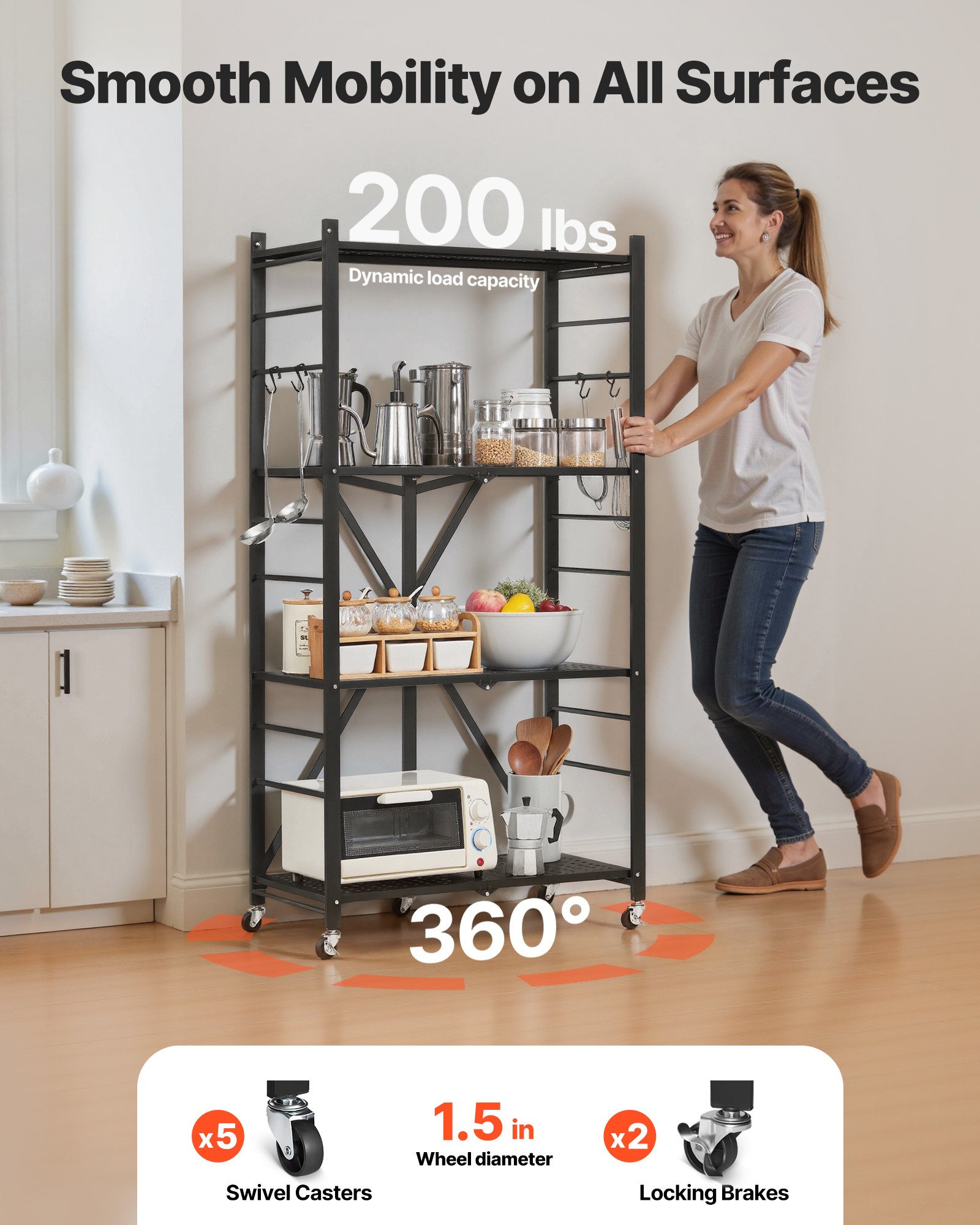 VEVOR 4-Tier Foldable Storage Shelf, 28W x 13D x 54H Inch Folding Metal Rack Shelving Unit, No Assembly Organizer Shelf with 5 Wheels & 4 Hooks for Pantry, Kitchen, Garage, Basement, Black