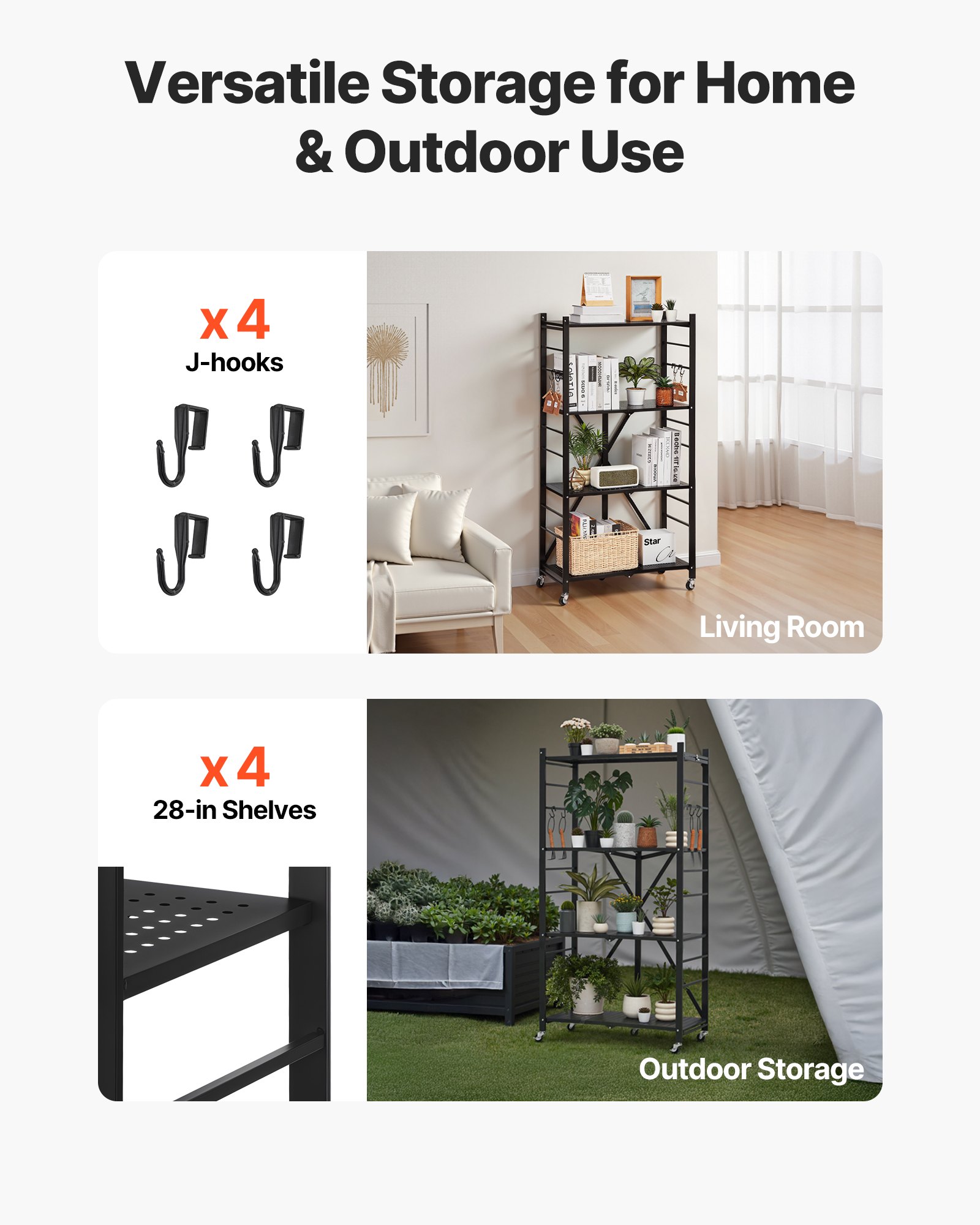 VEVOR 4-Tier Foldable Storage Shelf, 28W x 13D x 54H Inch Folding Metal Rack Shelving Unit, No Assembly Organizer Shelf with 5 Wheels & 4 Hooks for Pantry, Kitchen, Garage, Basement, Black