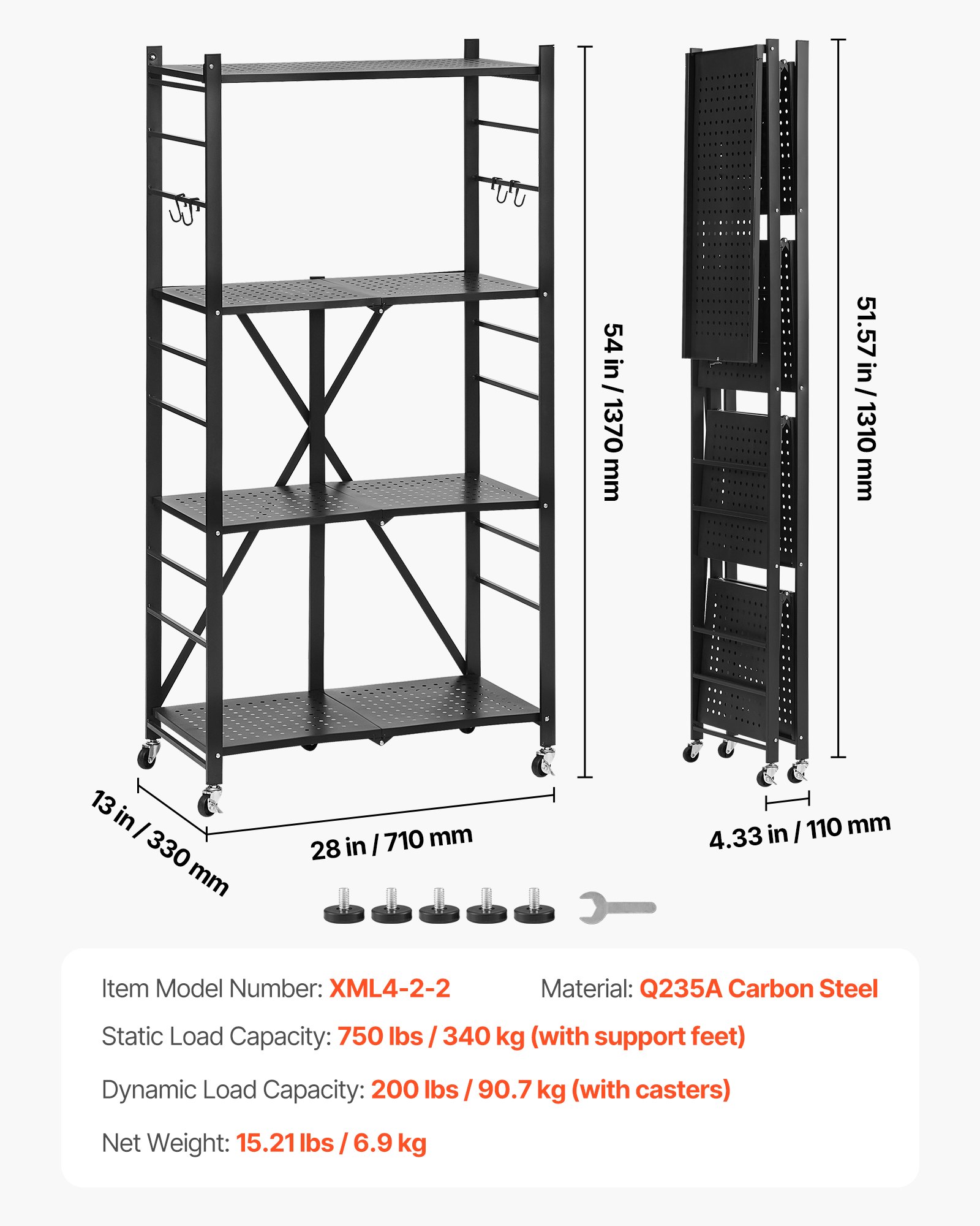 VEVOR 4-Tier Foldable Storage Shelf, 28W x 13D x 54H Inch Folding Metal Rack Shelving Unit, No Assembly Organizer Shelf with 5 Wheels & 4 Hooks for Pantry, Kitchen, Garage, Basement, Black