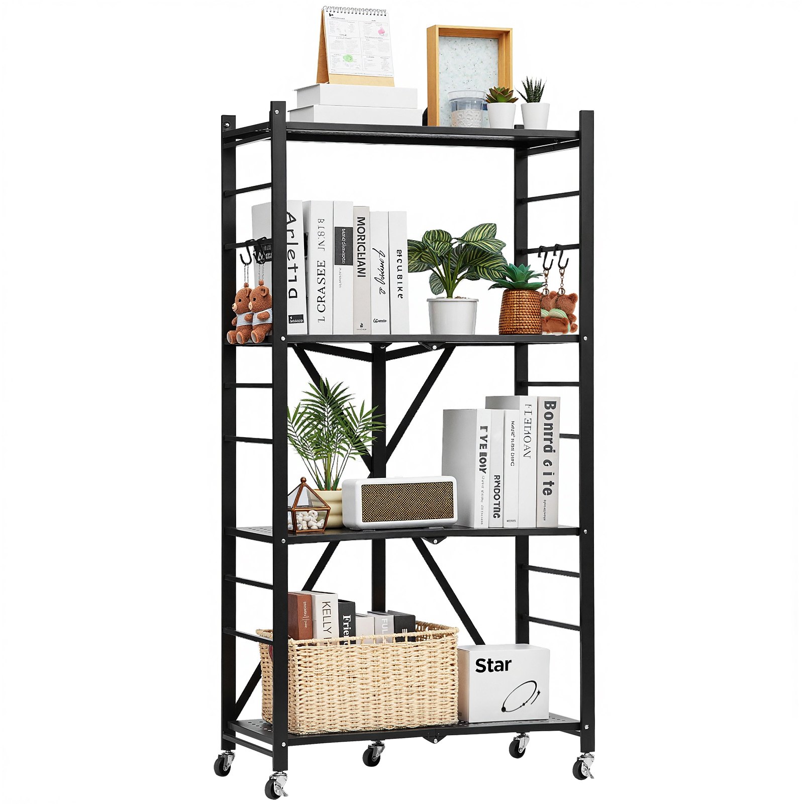 VEVOR 4-Tier Foldable Storage Shelf, 28W x 13D x 54H Inch Folding Metal Rack Shelving Unit, No Assembly Organizer Shelf with 5 Wheels & 4 Hooks for Pantry, Kitchen, Garage, Basement, Black