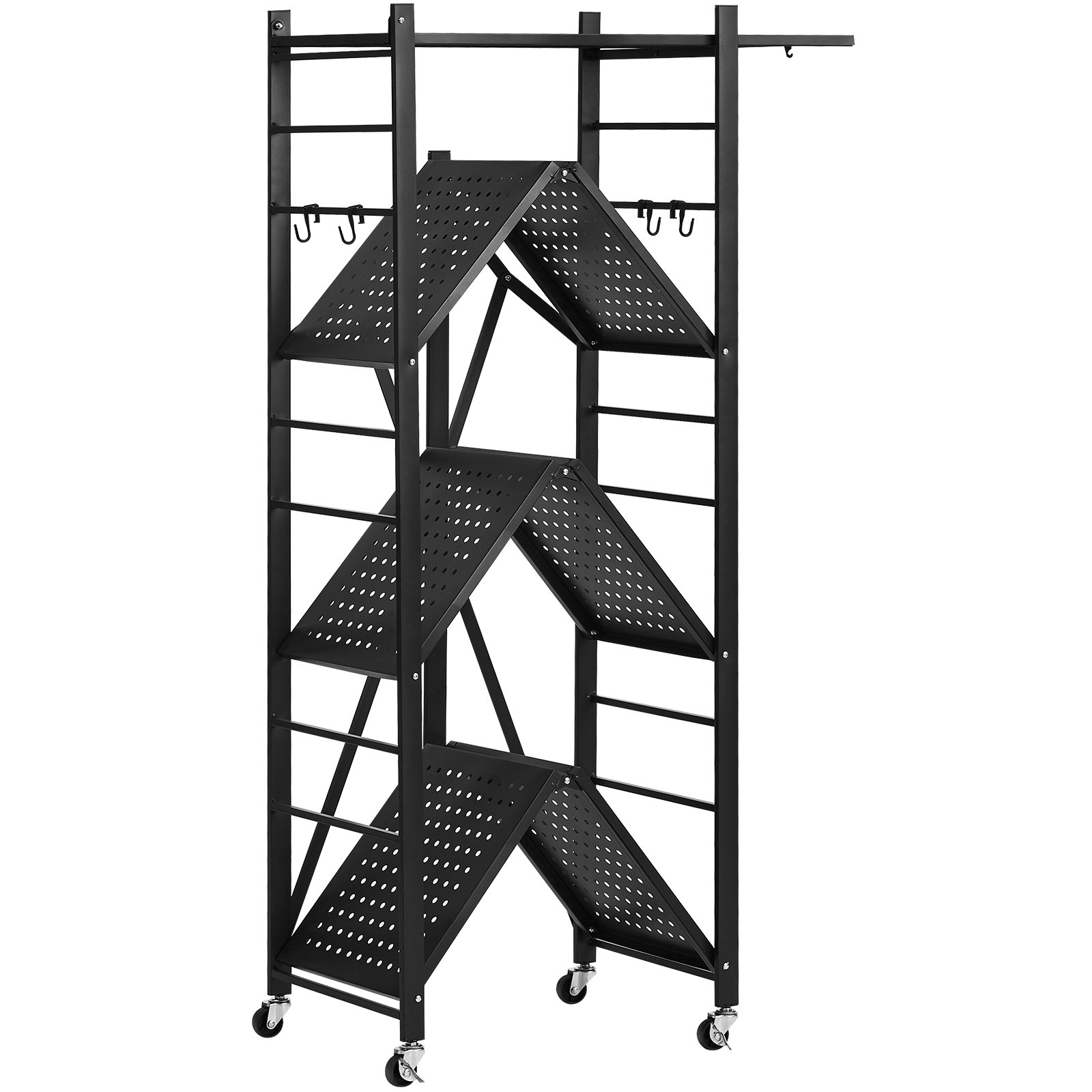 VEVOR 4-Tier Foldable Storage Shelf, 28W x 13D x 54H Inch Folding Metal Rack Shelving Unit, No Assembly Organizer Shelf with 5 Wheels & 4 Hooks for Pantry, Kitchen, Garage, Basement, Black