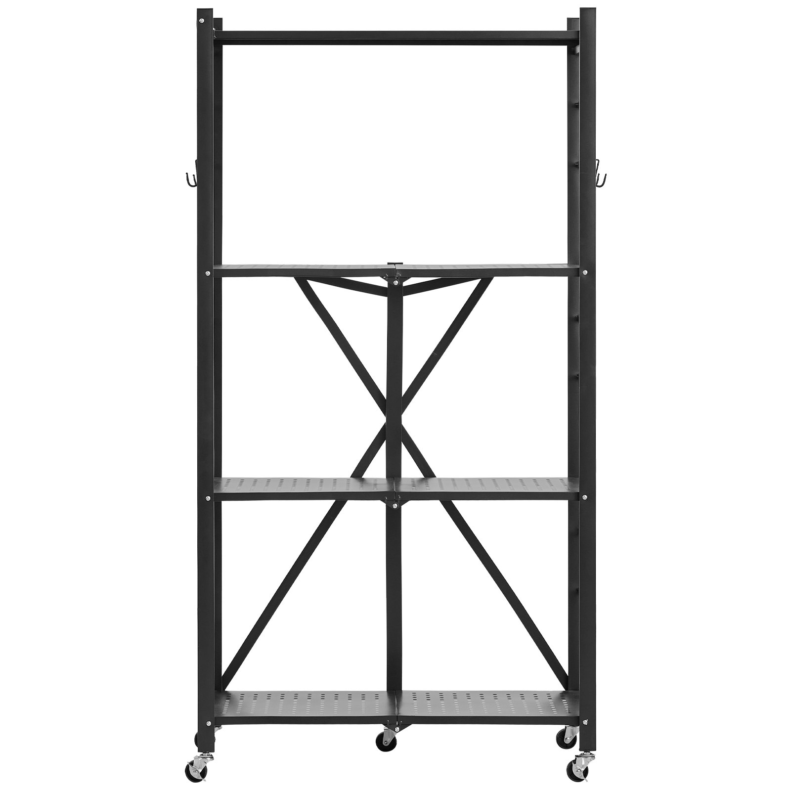 VEVOR 4-Tier Foldable Storage Shelf, 28W x 13D x 54H Inch Folding Metal Rack Shelving Unit, No Assembly Organizer Shelf with 5 Wheels & 4 Hooks for Pantry, Kitchen, Garage, Basement, Black