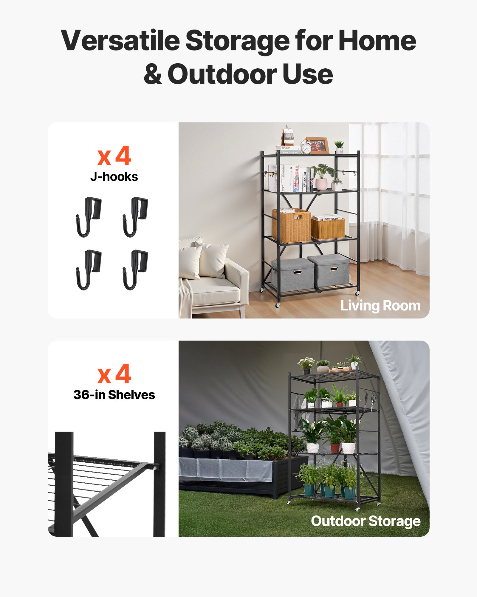 VEVOR 4-Tier Foldable Storage Shelf with Wheels, 91 cm W x 53 cm D x 152 cm H Folding Metal Rack Shelving Unit, No Assembly Organizer Shelf for Garage, Kitchen, Basement, Black