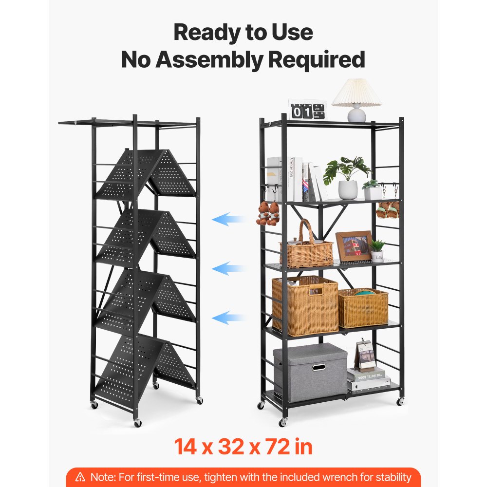 VEVOR 5-Tier Foldable Storage Shelf, 32W x 14D x 72H Inch Folding Metal Rack Shelving Unit, No Assembly Organizer Shelf with 5 Wheels & 4 Hooks for Pantry, Kitchen, Garage, Basement, Black