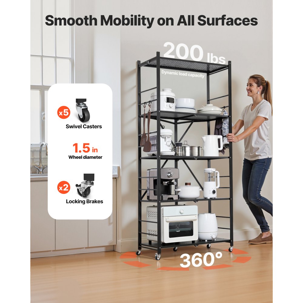 VEVOR 5-Tier Foldable Storage Shelf, 32W x 14D x 72H Inch Folding Metal Rack Shelving Unit, No Assembly Organizer Shelf with 5 Wheels & 4 Hooks for Pantry, Kitchen, Garage, Basement, Black