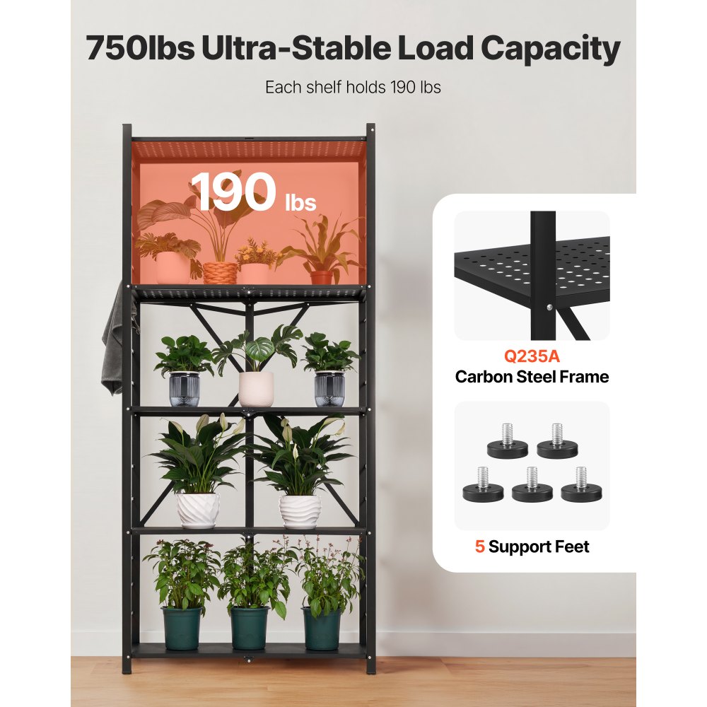VEVOR 5-Tier Foldable Storage Shelf, 32W x 14D x 72H Inch Folding Metal Rack Shelving Unit, No Assembly Organizer Shelf with 5 Wheels & 4 Hooks for Pantry, Kitchen, Garage, Basement, Black