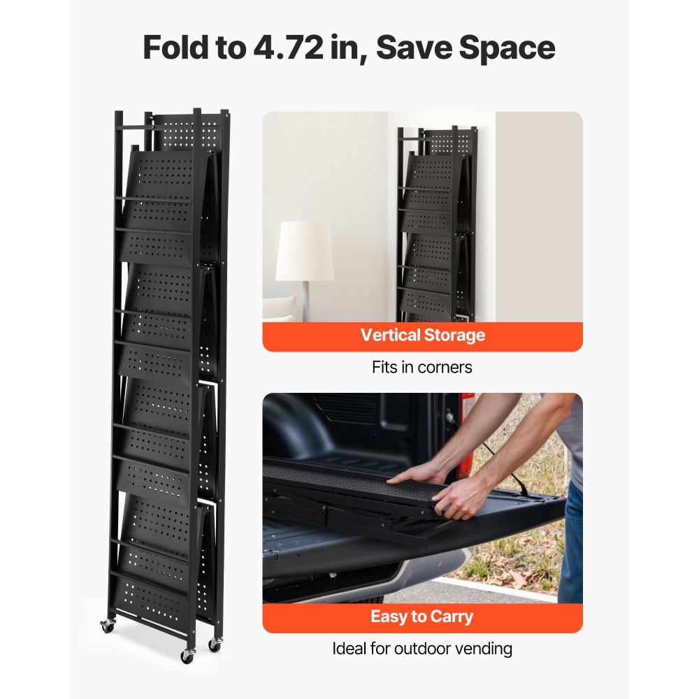 VEVOR 5-Tier Foldable Storage Shelf, 32W x 14D x 72H Inch Folding Metal Rack Shelving Unit, No Assembly Organizer Shelf with 5 Wheels & 4 Hooks for Pantry, Kitchen, Garage, Basement, Black