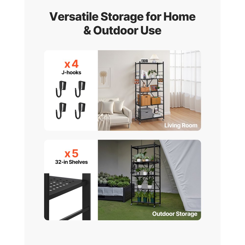 VEVOR 5-Tier Foldable Storage Shelf, 32W x 14D x 72H Inch Folding Metal Rack Shelving Unit, No Assembly Organizer Shelf with 5 Wheels & 4 Hooks for Pantry, Kitchen, Garage, Basement, Black