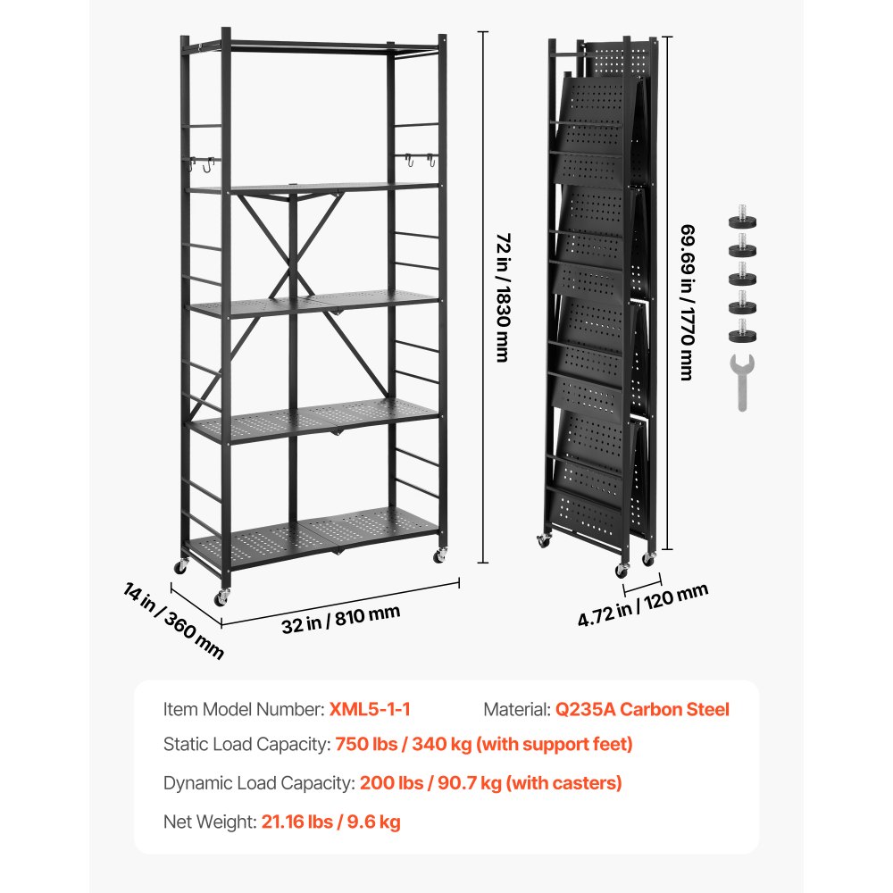 VEVOR 5-Tier Foldable Storage Shelf, 32W x 14D x 72H Inch Folding Metal Rack Shelving Unit, No Assembly Organizer Shelf with 5 Wheels & 4 Hooks for Pantry, Kitchen, Garage, Basement, Black