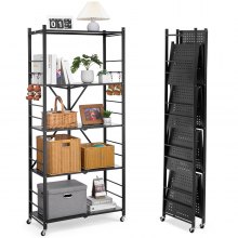 VEVOR Folding Storage Shelf with Wheels 5-Tier No Assembly Organizer Shelf Black