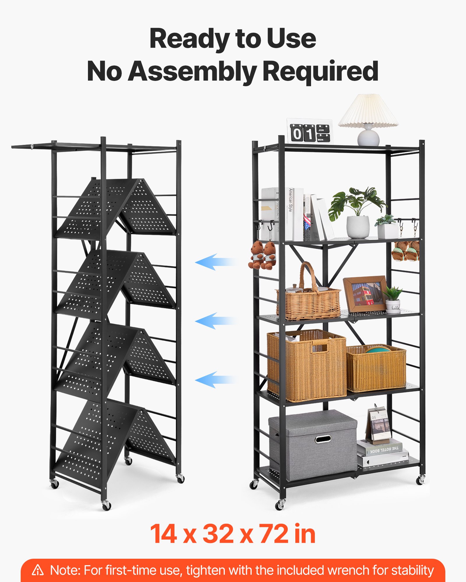 VEVOR 5-Tier Foldable Storage Shelf, 32W x 14D x 72H Inch Folding Metal Rack Shelving Unit, No Assembly Organizer Shelf with 5 Wheels & 4 Hooks for Pantry, Kitchen, Garage, Basement, Black