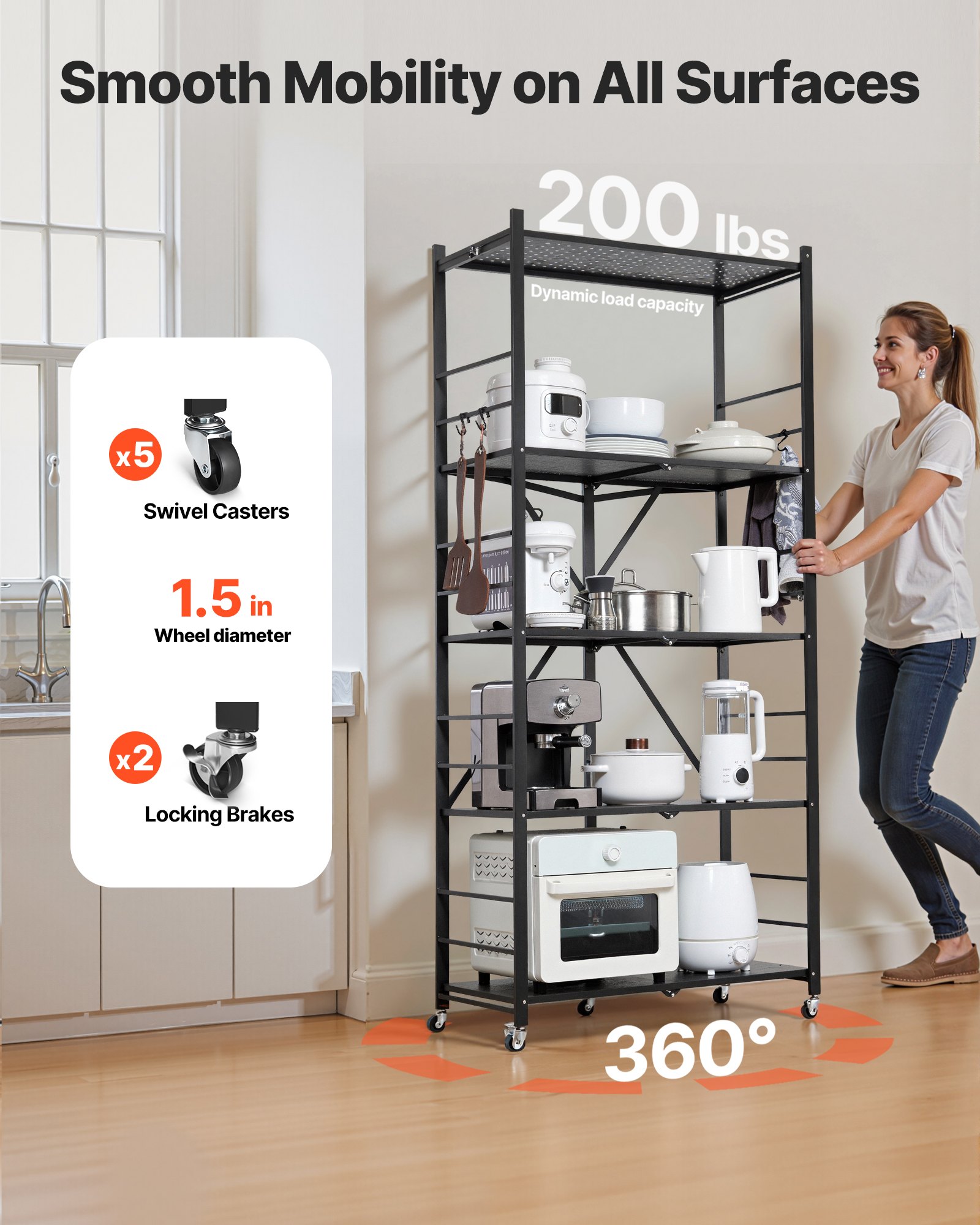 VEVOR 5-Tier Foldable Storage Shelf, 32W x 14D x 72H Inch Folding Metal Rack Shelving Unit, No Assembly Organizer Shelf with 5 Wheels & 4 Hooks for Pantry, Kitchen, Garage, Basement, Black