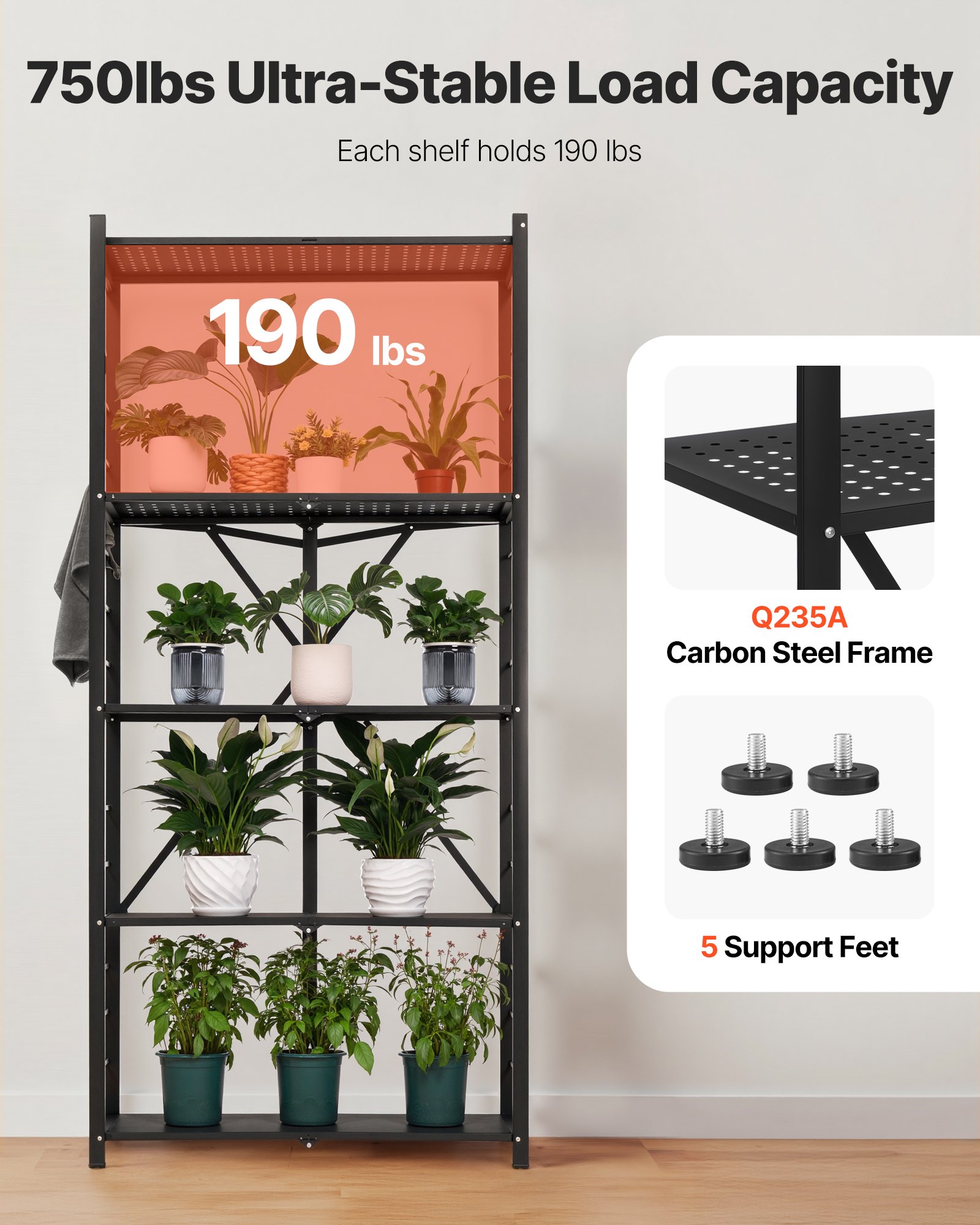 VEVOR 5-Tier Foldable Storage Shelf, 32W x 14D x 72H Inch Folding Metal Rack Shelving Unit, No Assembly Organizer Shelf with 5 Wheels & 4 Hooks for Pantry, Kitchen, Garage, Basement, Black