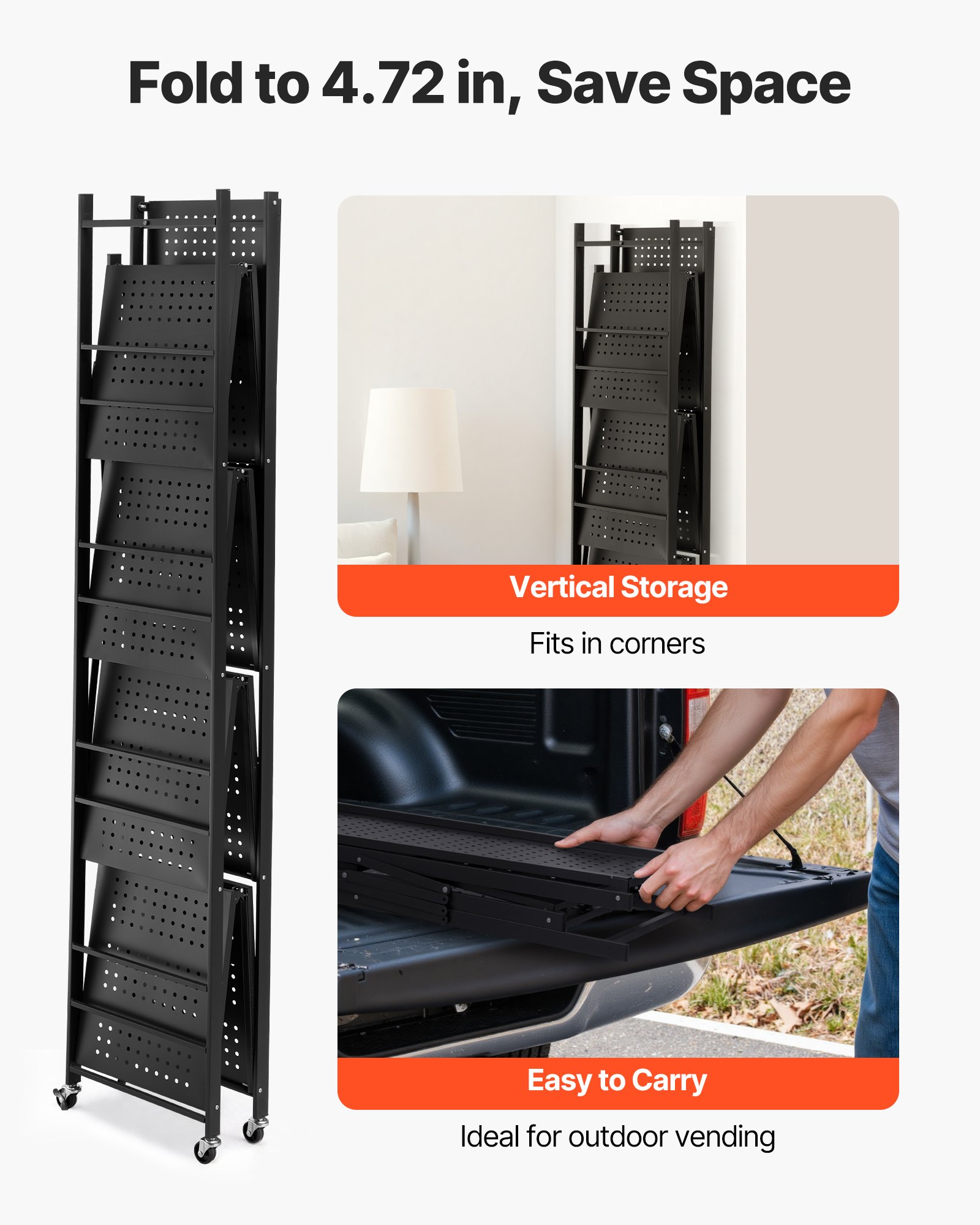 VEVOR 5-Tier Foldable Storage Shelf, 32W x 14D x 72H Inch Folding Metal Rack Shelving Unit, No Assembly Organizer Shelf with 5 Wheels & 4 Hooks for Pantry, Kitchen, Garage, Basement, Black