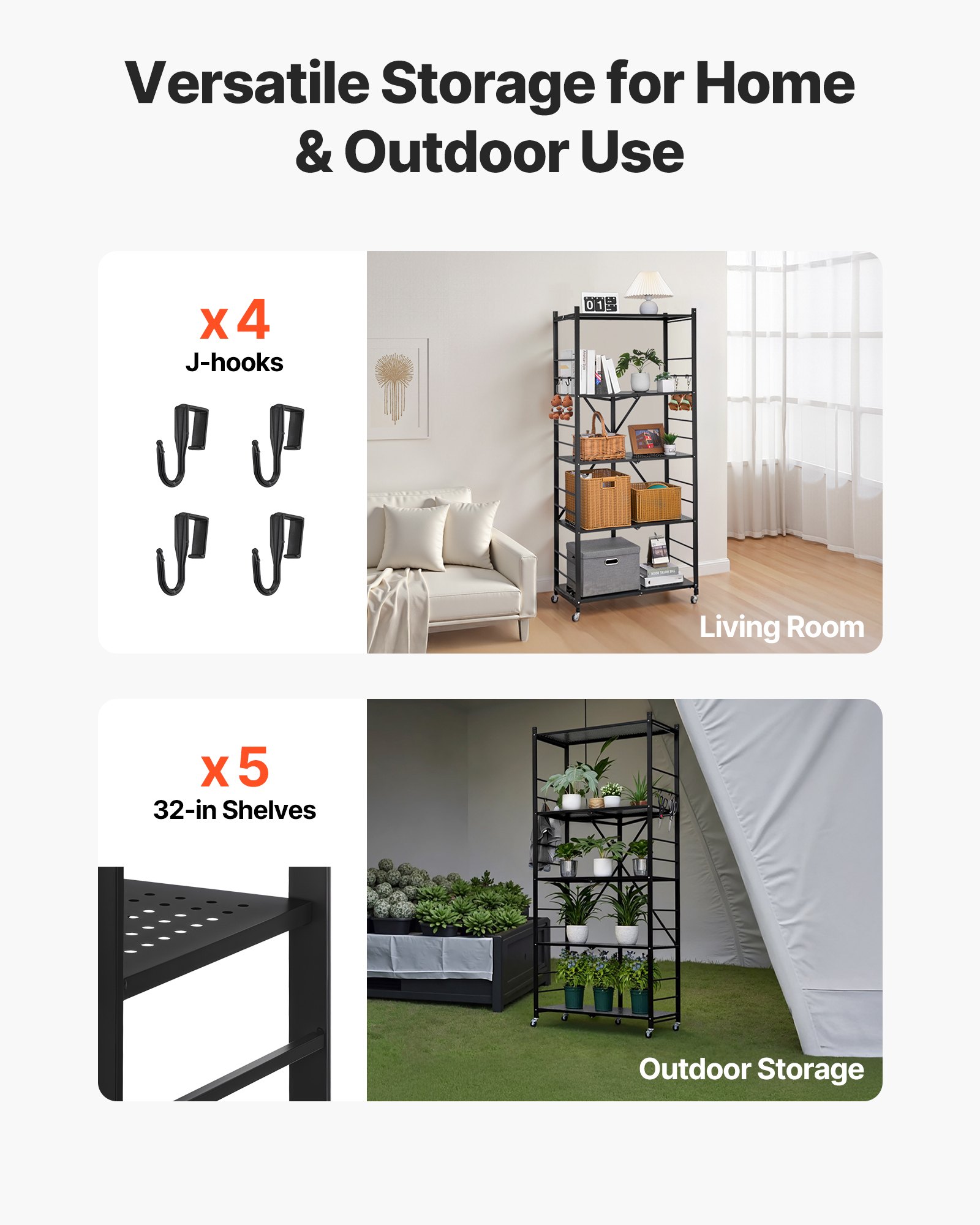 VEVOR 5-Tier Foldable Storage Shelf, 32W x 14D x 72H Inch Folding Metal Rack Shelving Unit, No Assembly Organizer Shelf with 5 Wheels & 4 Hooks for Pantry, Kitchen, Garage, Basement, Black