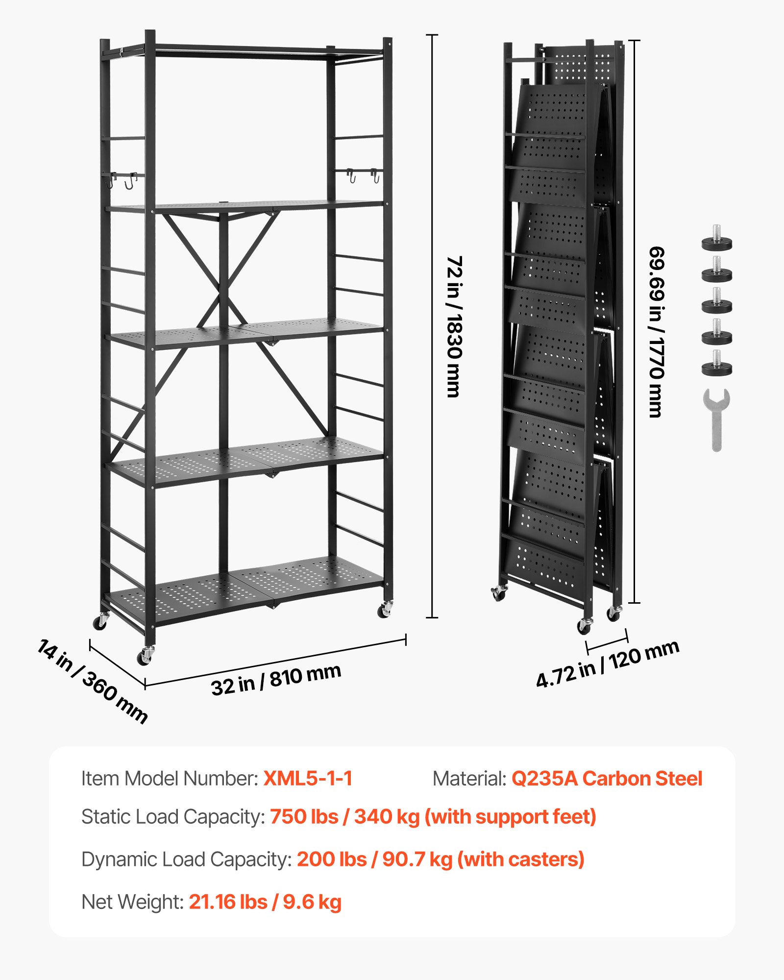 VEVOR 5-Tier Foldable Storage Shelf, 32W x 14D x 72H Inch Folding Metal Rack Shelving Unit, No Assembly Organizer Shelf with 5 Wheels & 4 Hooks for Pantry, Kitchen, Garage, Basement, Black