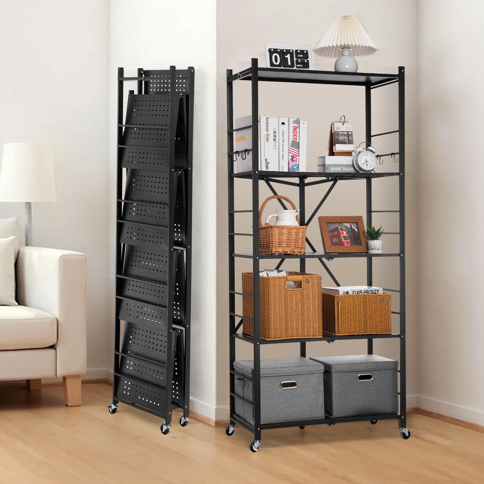 VEVOR 5-Tier Foldable Storage Shelf, 32W x 14D x 72H Inch Folding Metal Rack Shelving Unit, No Assembly Organizer Shelf with 5 Wheels & 4 Hooks for Pantry, Kitchen, Garage, Basement, Black