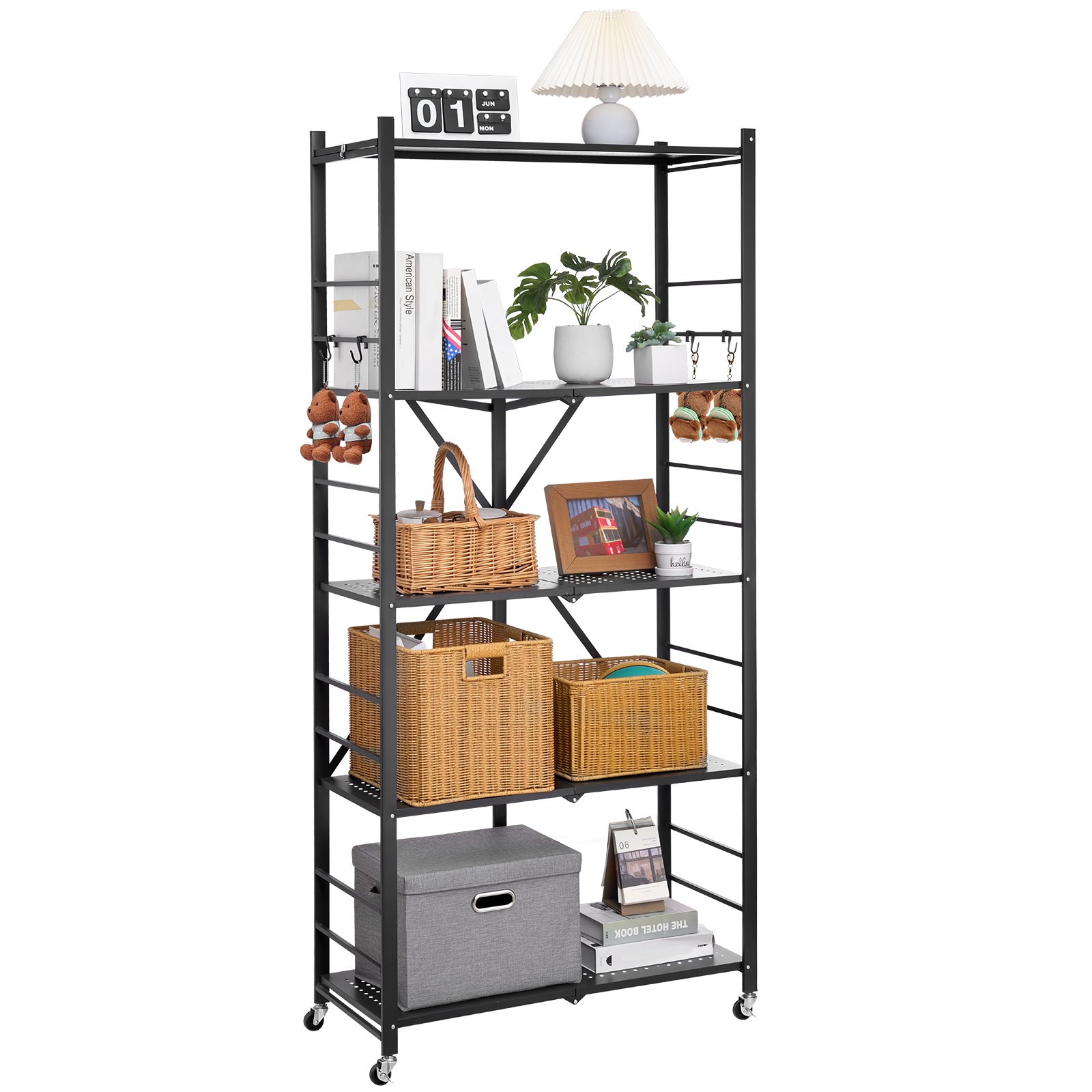 VEVOR 5-Tier Foldable Storage Shelf, 32W x 14D x 72H Inch Folding Metal Rack Shelving Unit, No Assembly Organizer Shelf with 5 Wheels & 4 Hooks for Pantry, Kitchen, Garage, Basement, Black