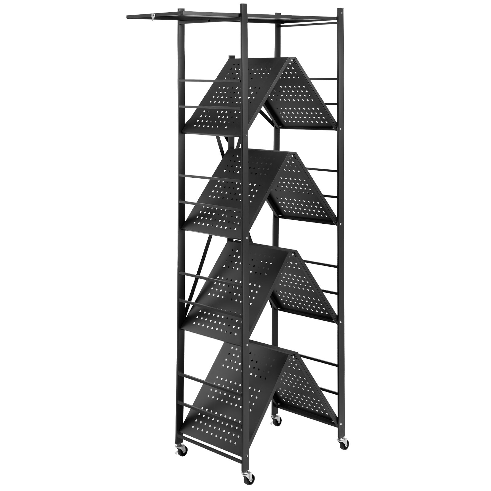 VEVOR 5-Tier Foldable Storage Shelf, 32W x 14D x 72H Inch Folding Metal Rack Shelving Unit, No Assembly Organizer Shelf with 5 Wheels & 4 Hooks for Pantry, Kitchen, Garage, Basement, Black