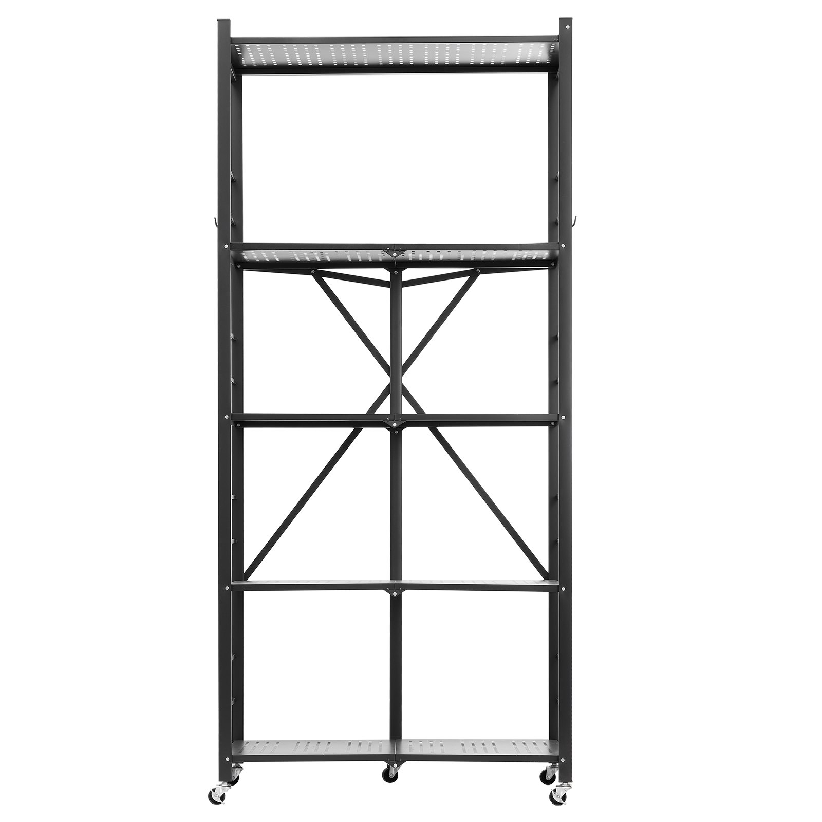 VEVOR 5-Tier Foldable Storage Shelf, 32W x 14D x 72H Inch Folding Metal Rack Shelving Unit, No Assembly Organizer Shelf with 5 Wheels & 4 Hooks for Pantry, Kitchen, Garage, Basement, Black