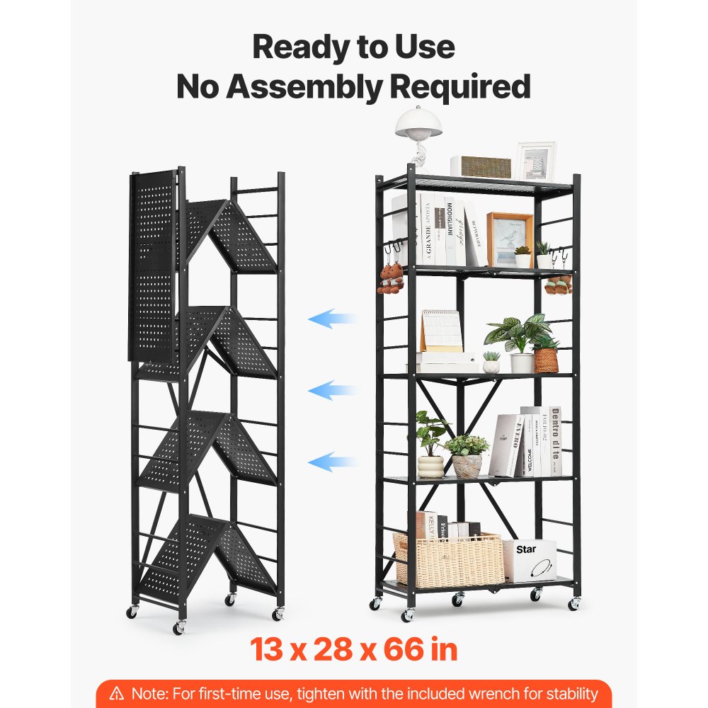 VEVOR 5-Tier Foldable Storage Shelf, 28W x 13D x 66H Inch Folding Metal Rack Shelving Unit, No Assembly Organizer Shelf with 5 Wheels & 4 Hooks for Pantry, Kitchen, Garage, Basement, Black