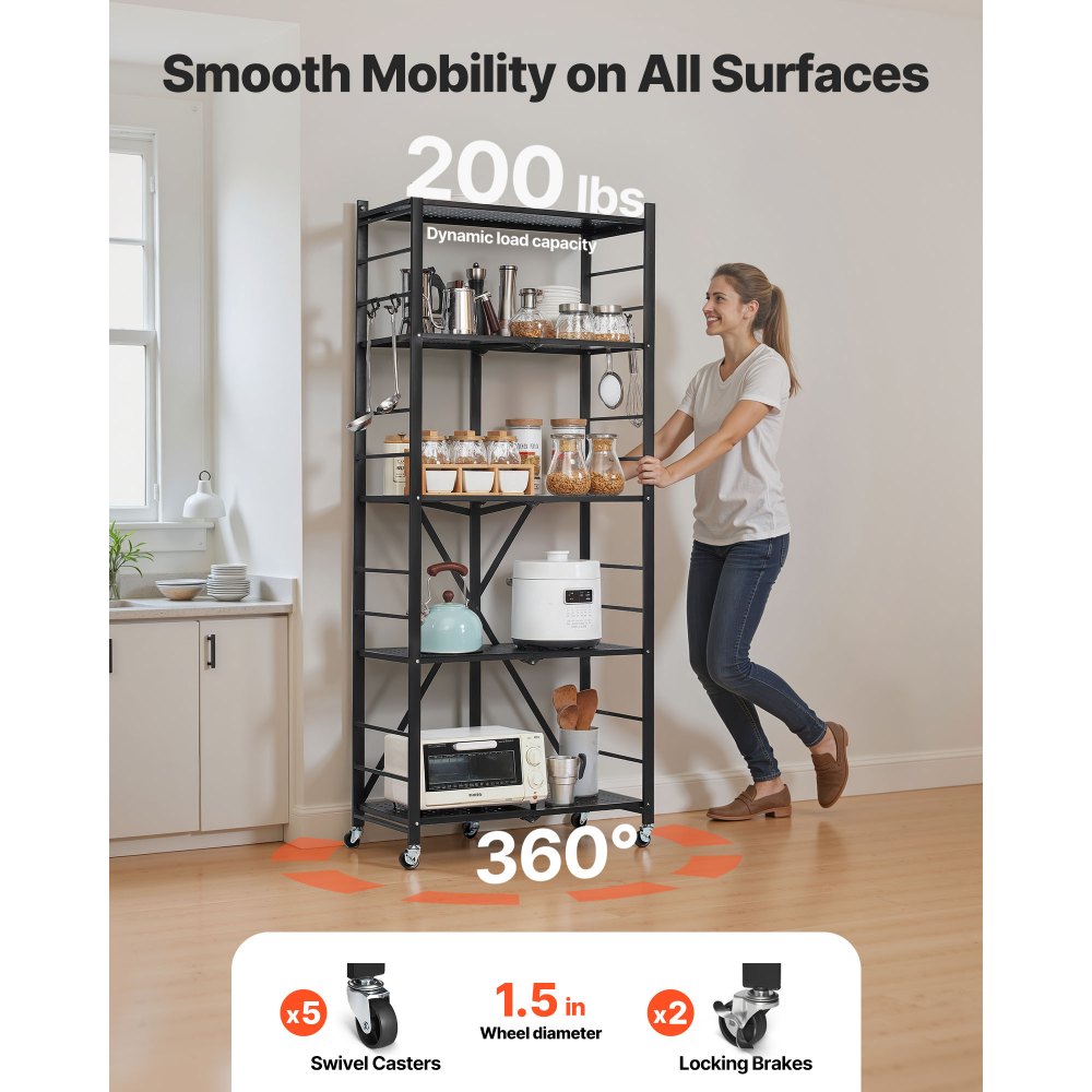 VEVOR 5-Tier Foldable Storage Shelf, 28W x 13D x 66H Inch Folding Metal Rack Shelving Unit, No Assembly Organizer Shelf with 5 Wheels & 4 Hooks for Pantry, Kitchen, Garage, Basement, Black