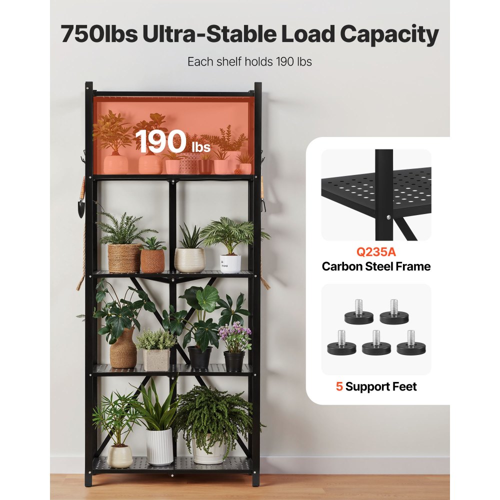 VEVOR 5-Tier Foldable Storage Shelf, 28W x 13D x 66H Inch Folding Metal Rack Shelving Unit, No Assembly Organizer Shelf with 5 Wheels & 4 Hooks for Pantry, Kitchen, Garage, Basement, Black