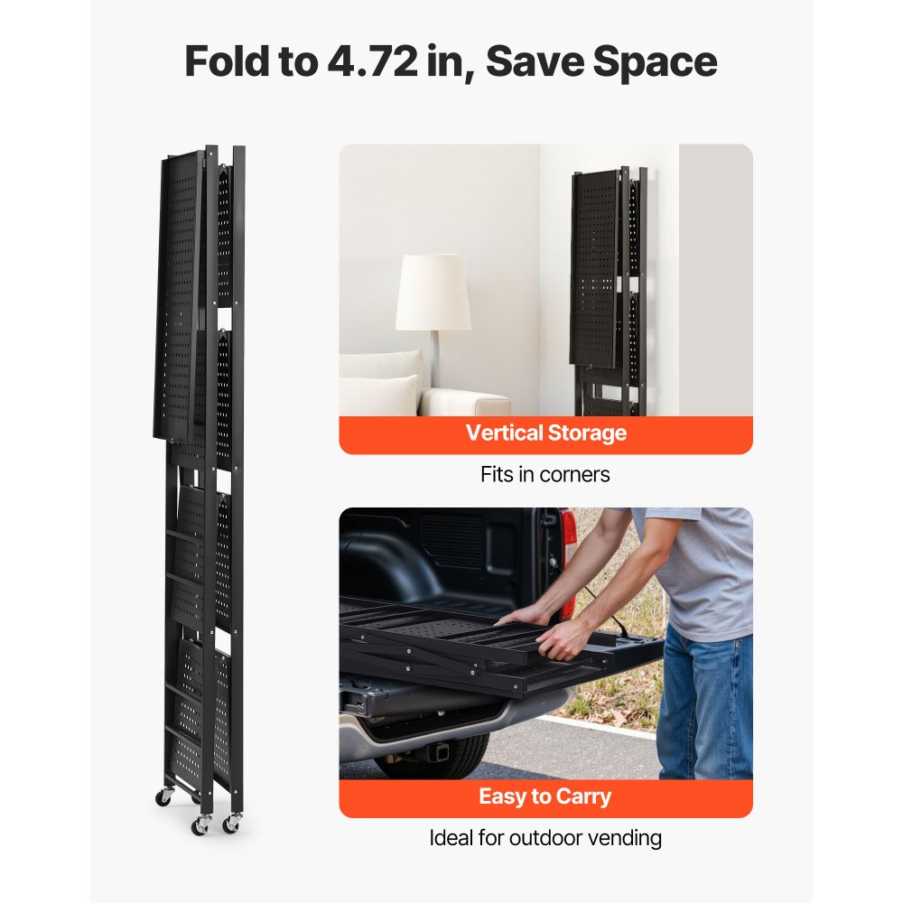 VEVOR 5-Tier Foldable Storage Shelf, 28W x 13D x 66H Inch Folding Metal Rack Shelving Unit, No Assembly Organizer Shelf with 5 Wheels & 4 Hooks for Pantry, Kitchen, Garage, Basement, Black