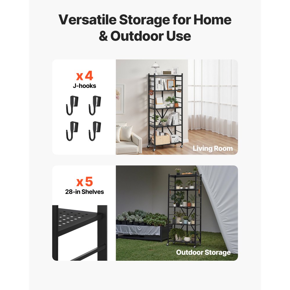 VEVOR 5-Tier Foldable Storage Shelf, 28W x 13D x 66H Inch Folding Metal Rack Shelving Unit, No Assembly Organizer Shelf with 5 Wheels & 4 Hooks for Pantry, Kitchen, Garage, Basement, Black