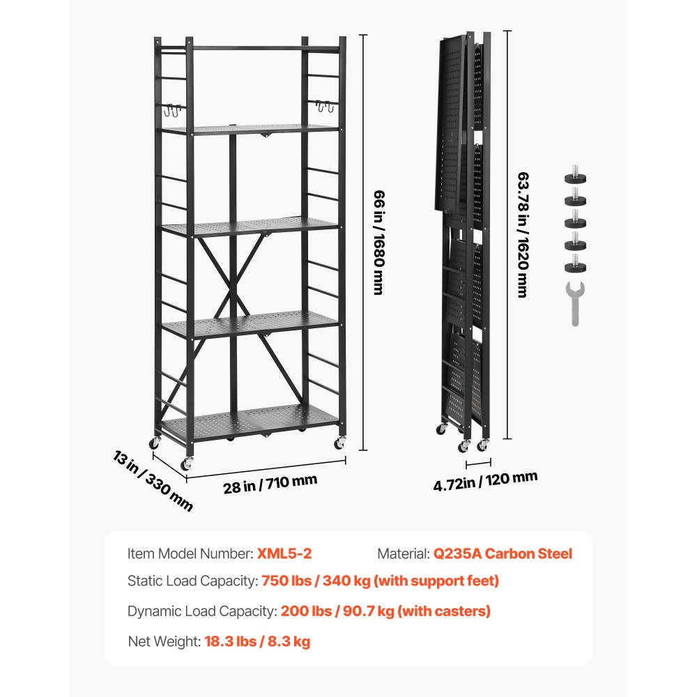 VEVOR 5-Tier Foldable Storage Shelf, 28W x 13D x 66H Inch Folding Metal Rack Shelving Unit, No Assembly Organizer Shelf with 5 Wheels & 4 Hooks for Pantry, Kitchen, Garage, Basement, Black