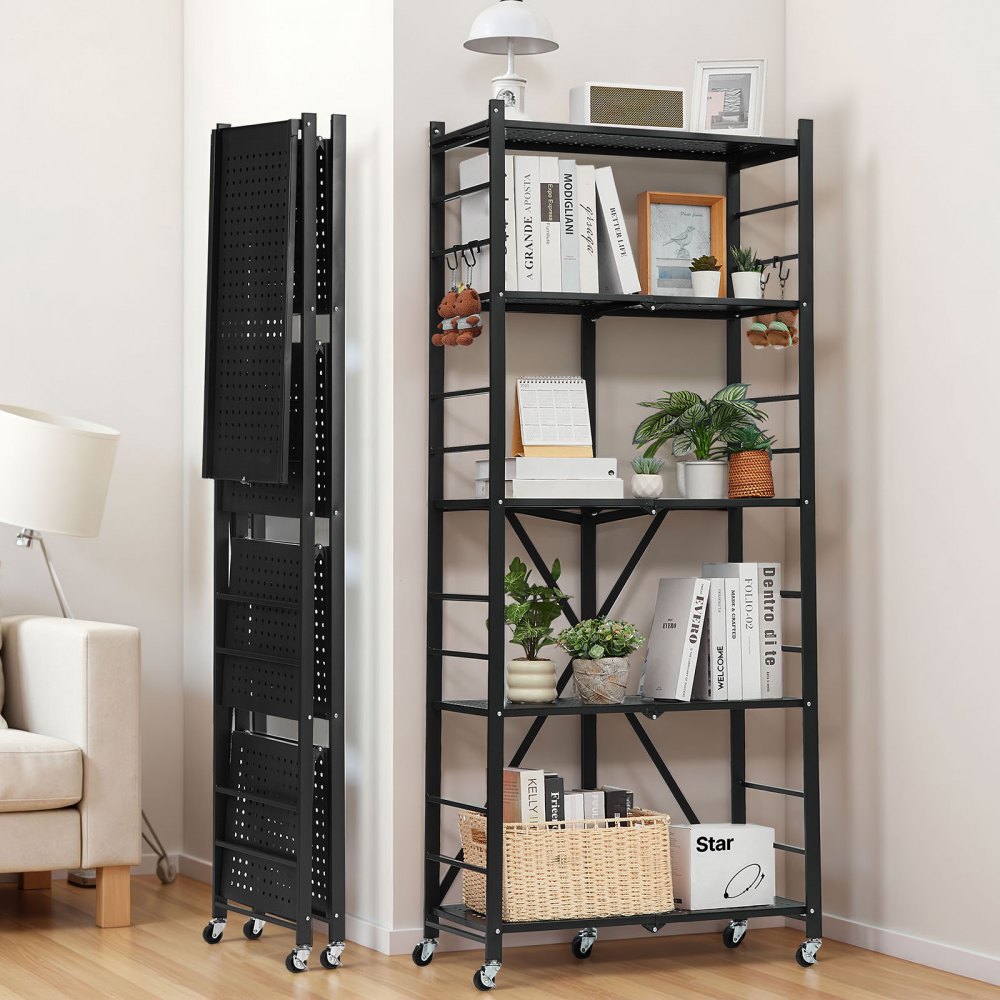 VEVOR 5-Tier Foldable Storage Shelf, 28W x 13D x 66H Inch Folding Metal Rack Shelving Unit, No Assembly Organizer Shelf with 5 Wheels & 4 Hooks for Pantry, Kitchen, Garage, Basement, Black