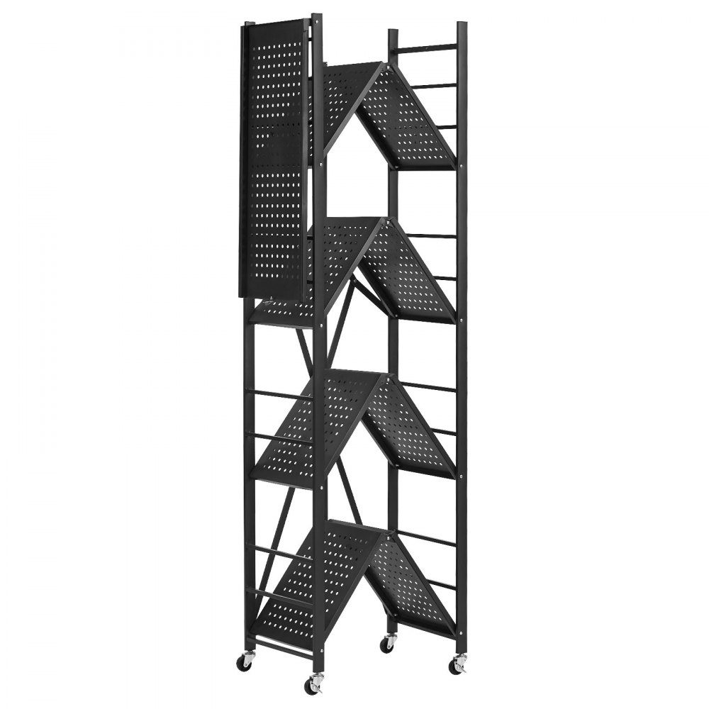VEVOR 5-Tier Foldable Storage Shelf, 28W x 13D x 66H Inch Folding Metal Rack Shelving Unit, No Assembly Organizer Shelf with 5 Wheels & 4 Hooks for Pantry, Kitchen, Garage, Basement, Black