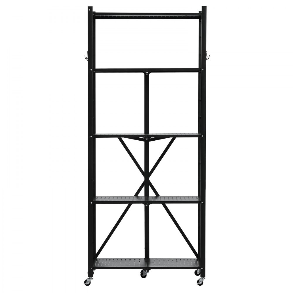 VEVOR 5-Tier Foldable Storage Shelf, 28W x 13D x 66H Inch Folding Metal Rack Shelving Unit, No Assembly Organizer Shelf with 5 Wheels & 4 Hooks for Pantry, Kitchen, Garage, Basement, Black