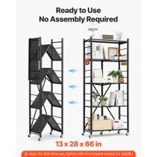 VEVOR 5-Tier Foldable Storage Shelf with Wheels 28 x 13 x 66-inch Metal Shelving