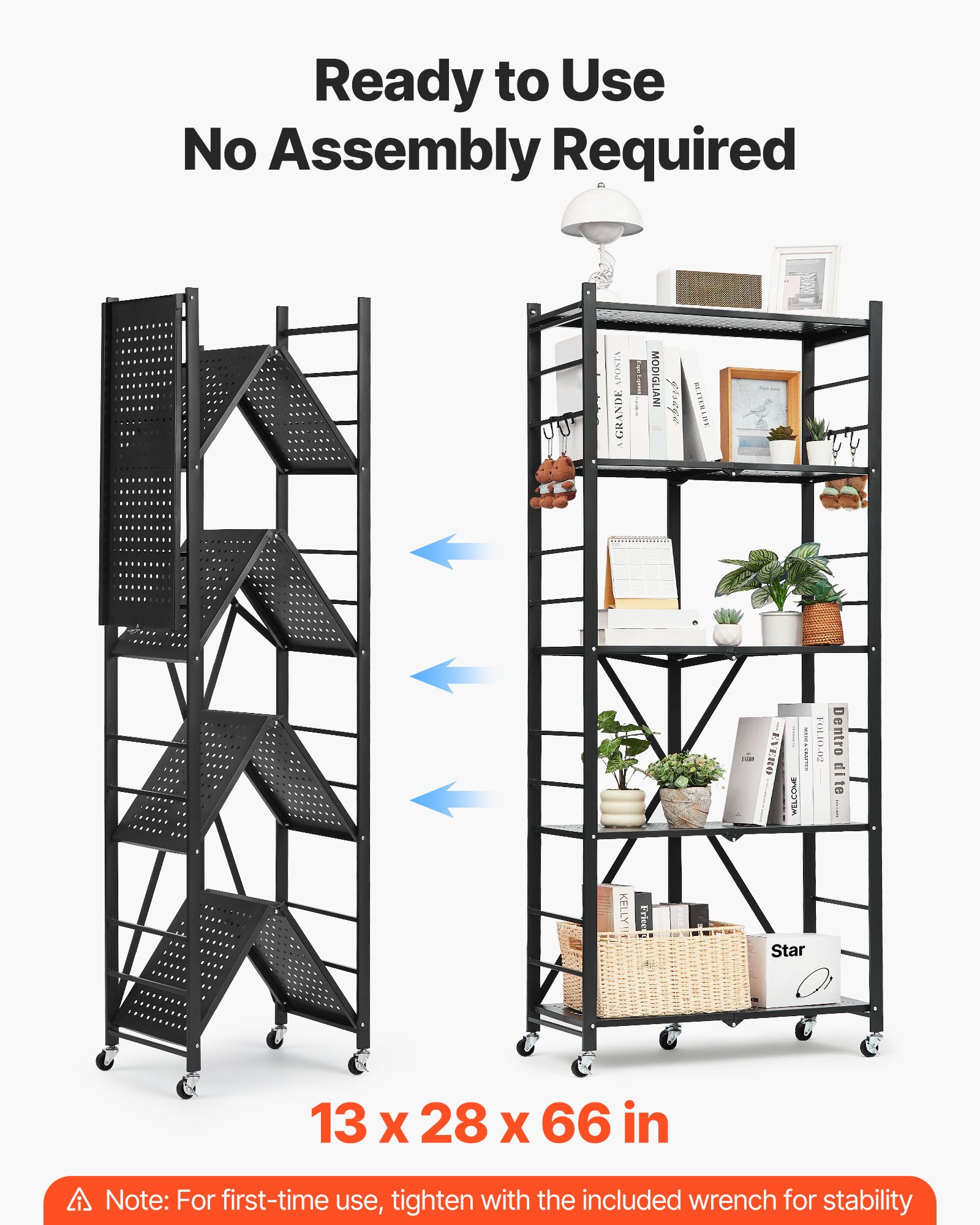 VEVOR 5-Tier Foldable Storage Shelf, 28W x 13D x 66H Inch Folding Metal Rack Shelving Unit, No Assembly Organizer Shelf with 5 Wheels & 4 Hooks for Pantry, Kitchen, Garage, Basement, Black